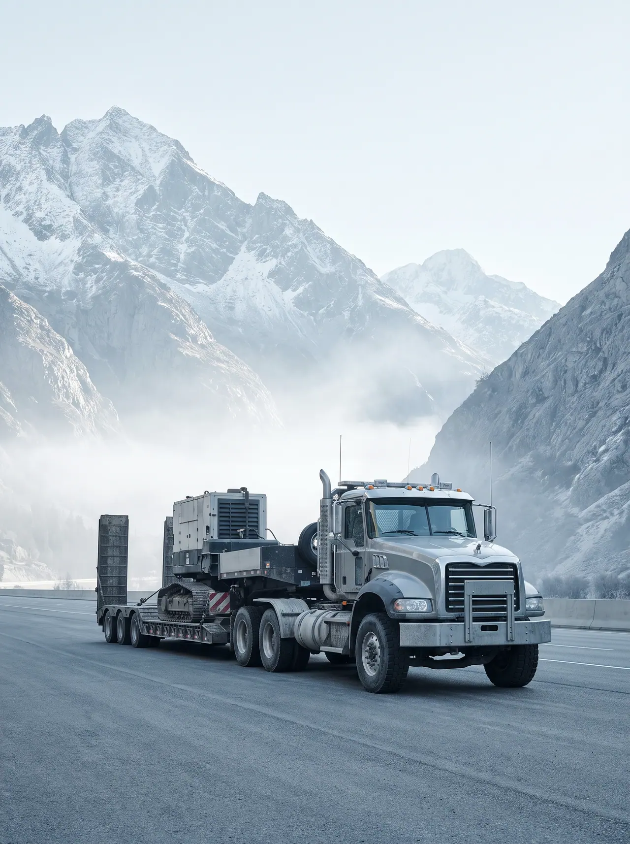 A heavy truck on a mountain corridor road below the snow line