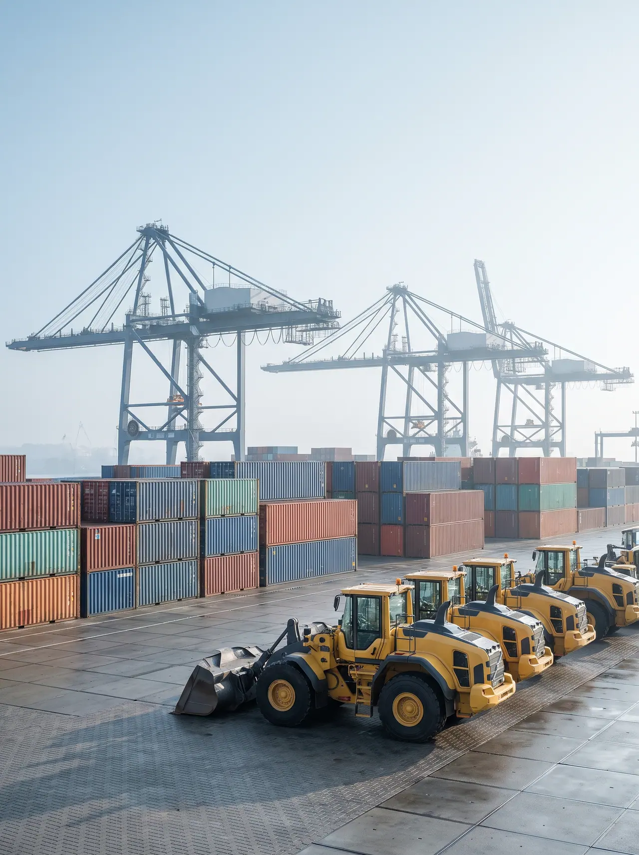A container terminal and machinery yard at cold dawn