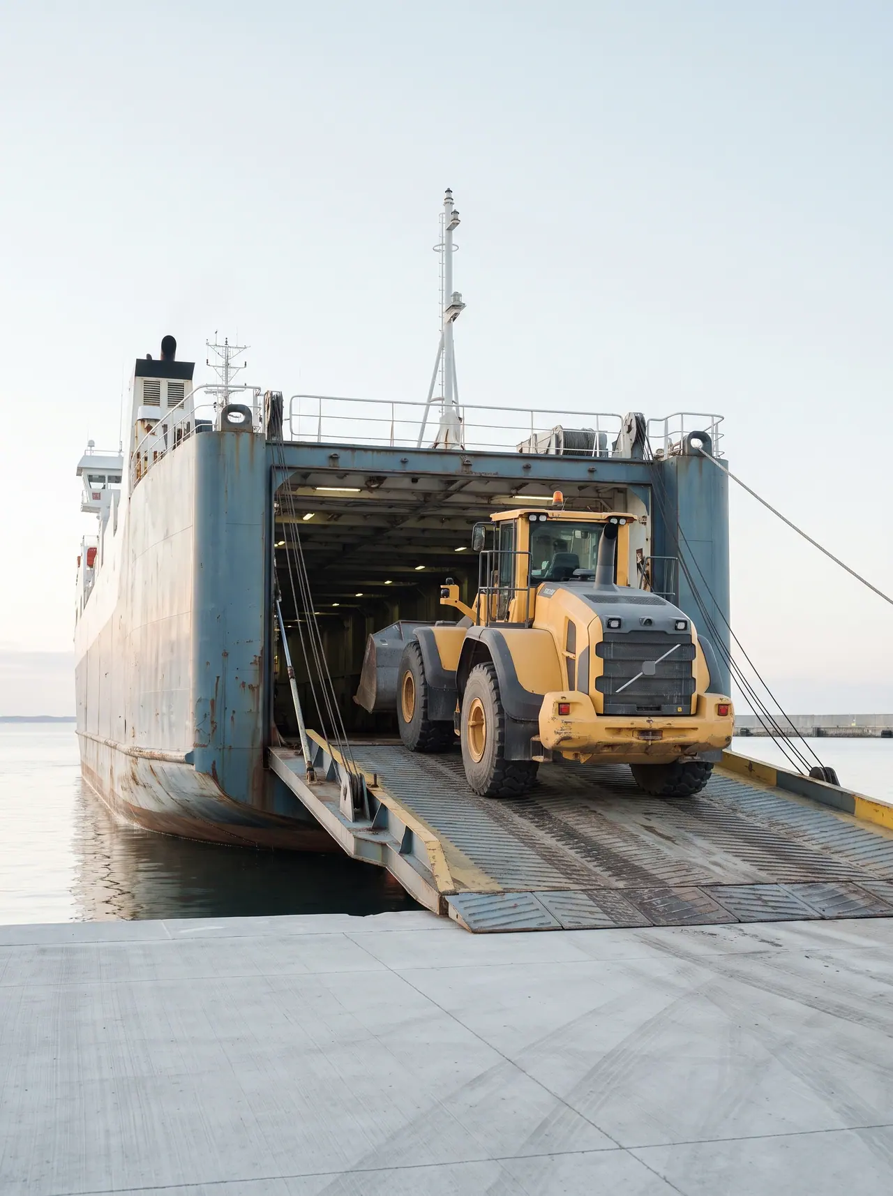 A roll-on roll-off berth at dawn with a machine driving up the ramp