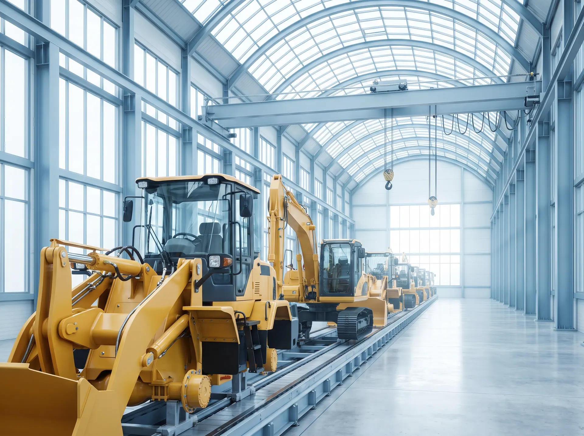 A row of new machines on an assembly line under a glazed roof in daylight