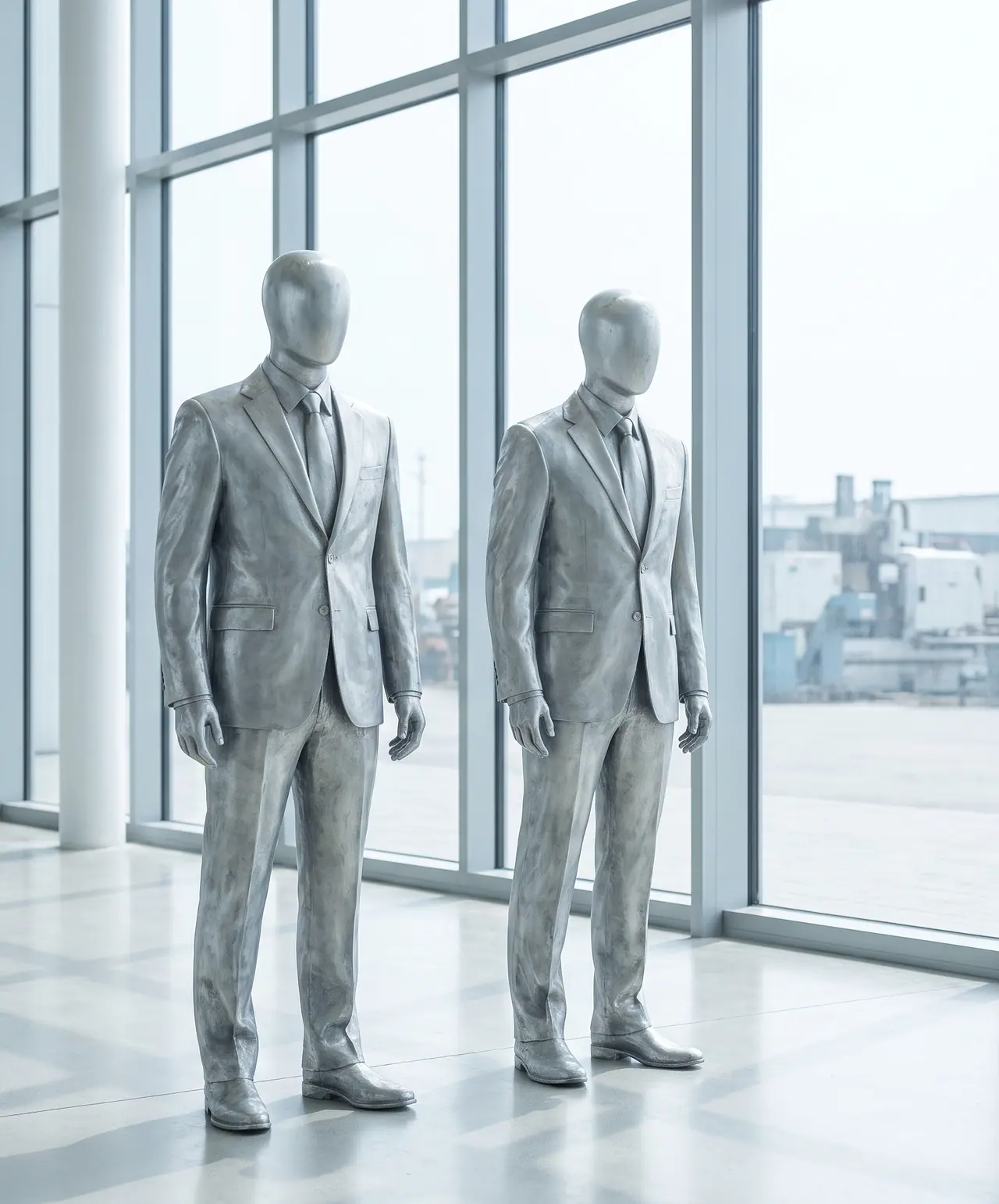 Two faceless figures cast in metal, in business suits, standing in an empty concrete hall