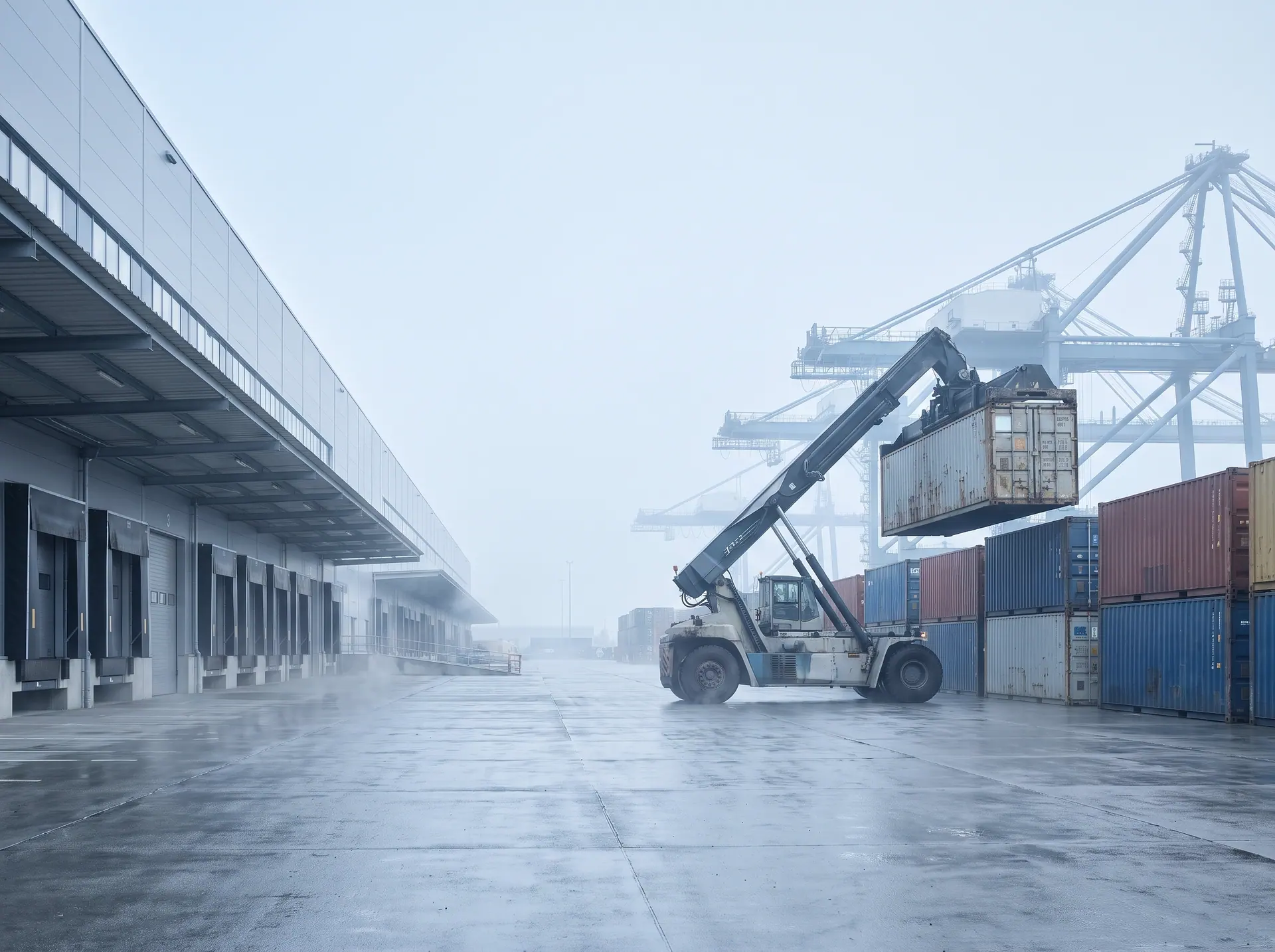 A free-zone container yard and warehouse in bright morning haze