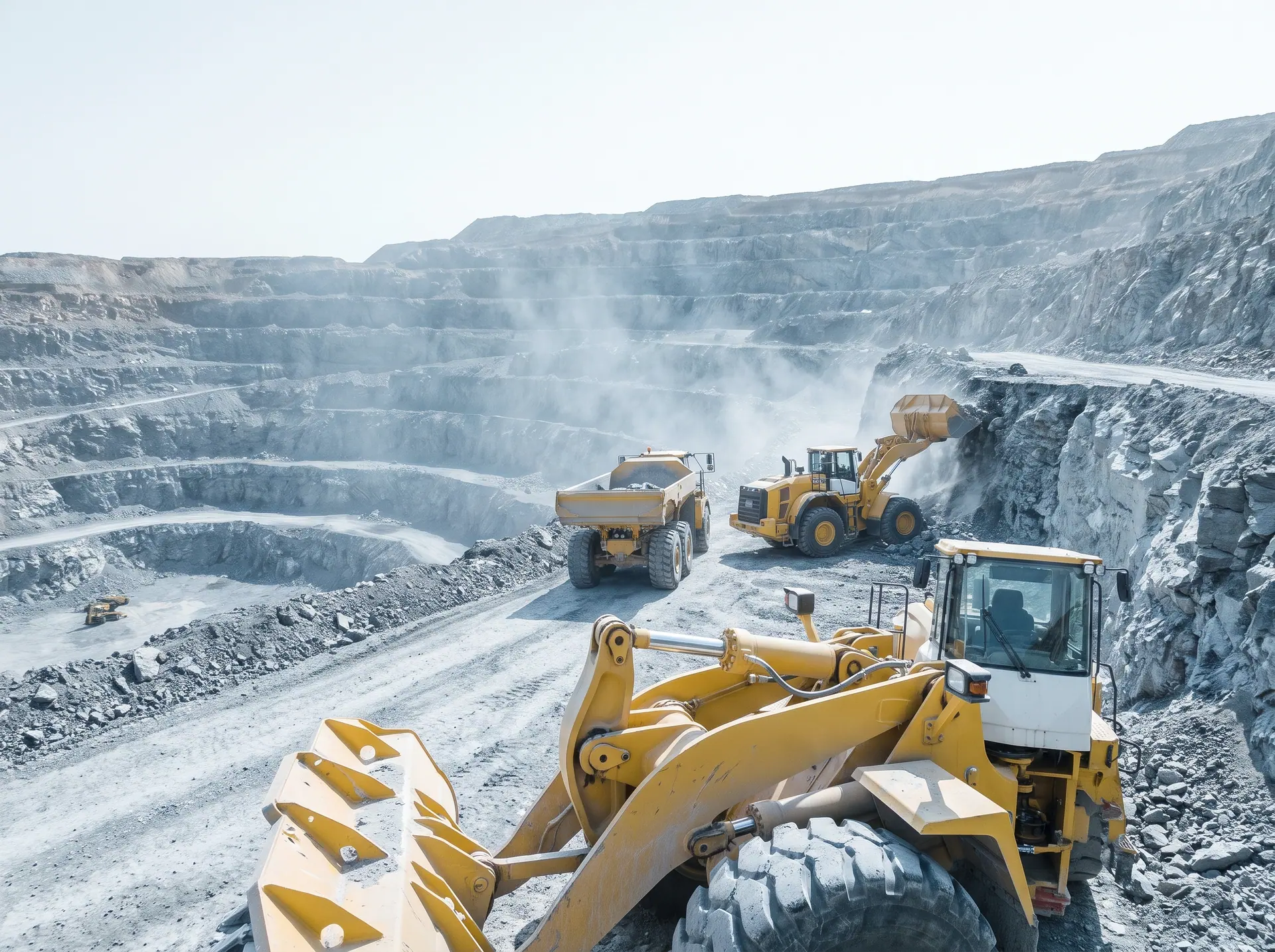 An elevated view of a quarry bench with new machines working the face