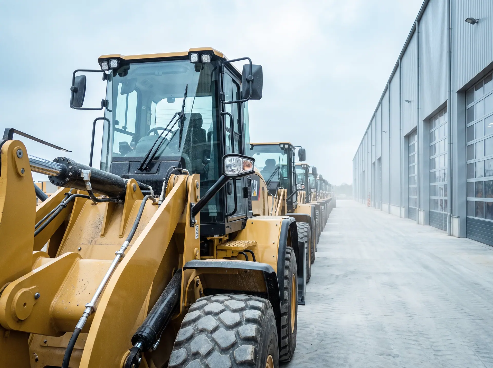 A long line of new machines standing on a warehouse apron in bright haze