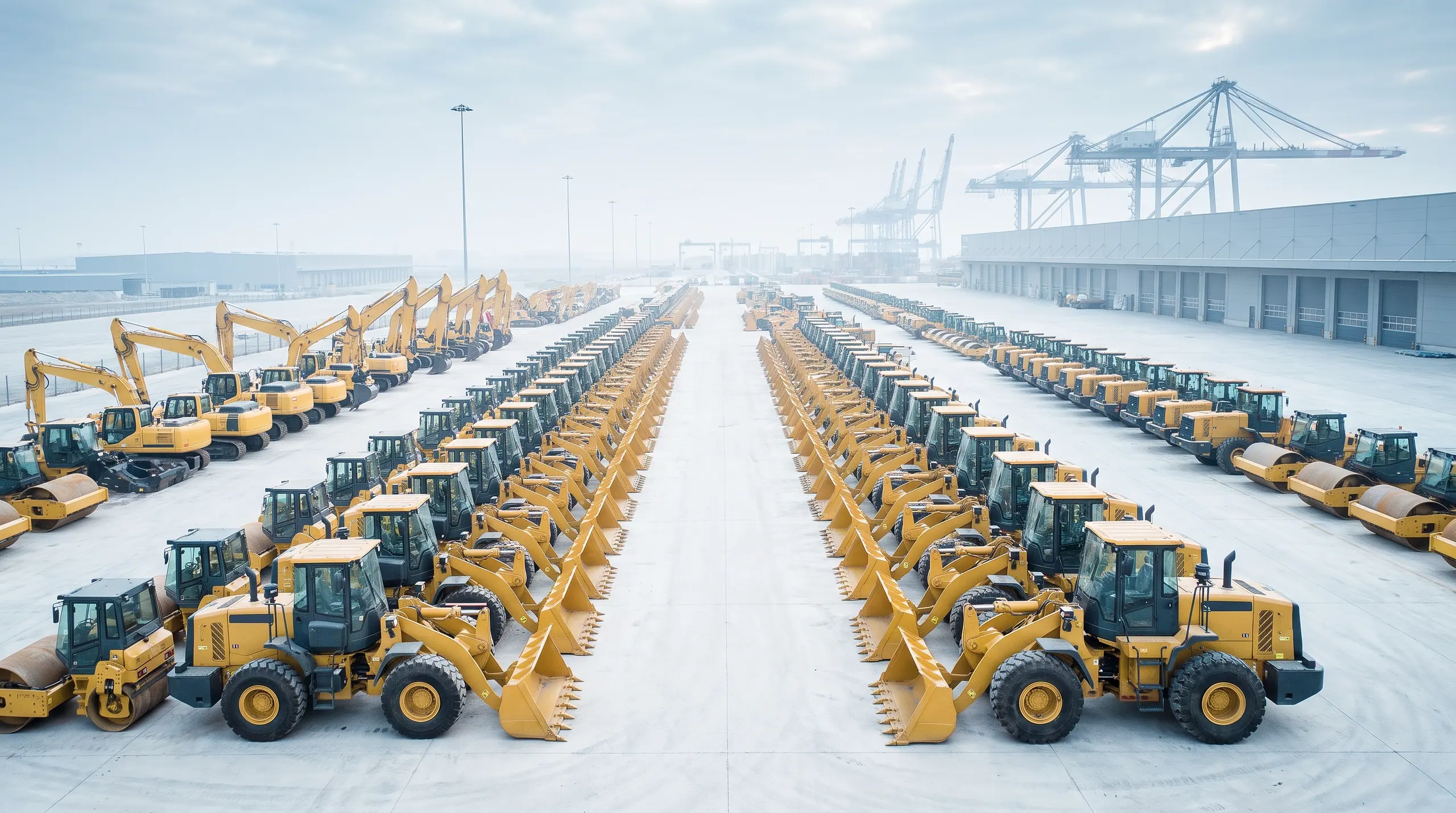 An elevated view of a large yard of new heavy machinery in bright morning haze