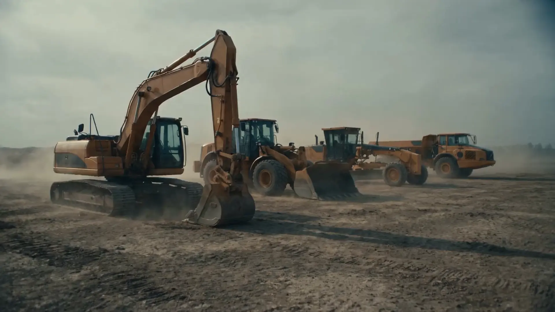 A line of new heavy machines standing on a dusty desert plain at first light