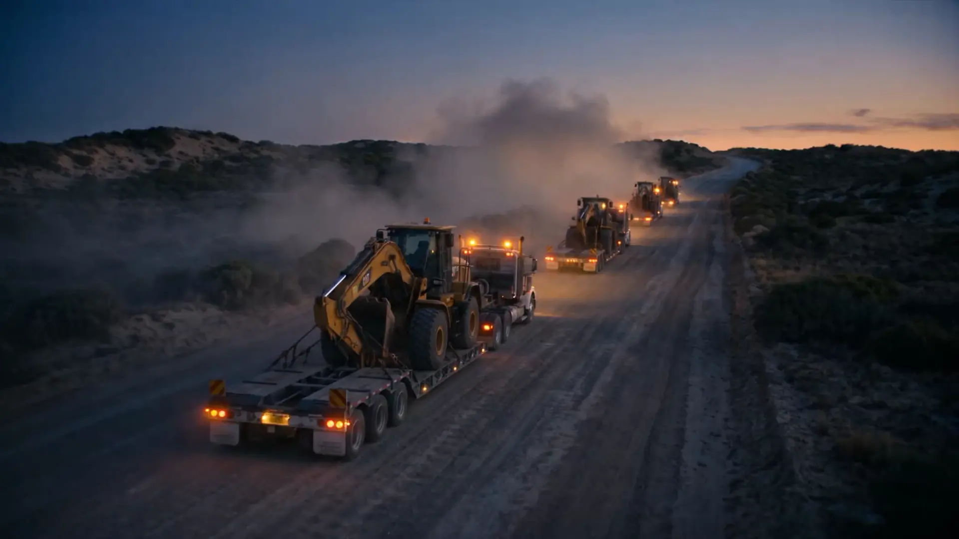 A convoy of lowbed trailers carrying new machines along a desert haul road at dusk